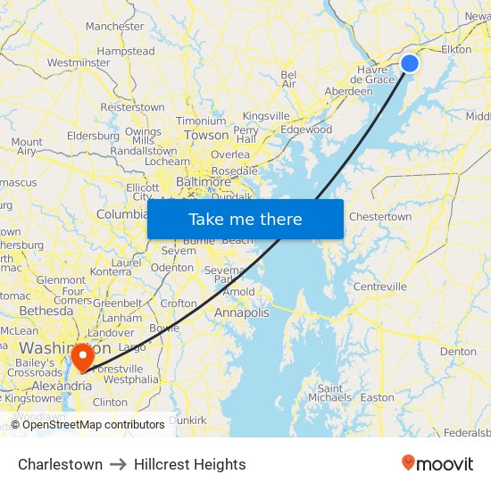 Charlestown to Hillcrest Heights map