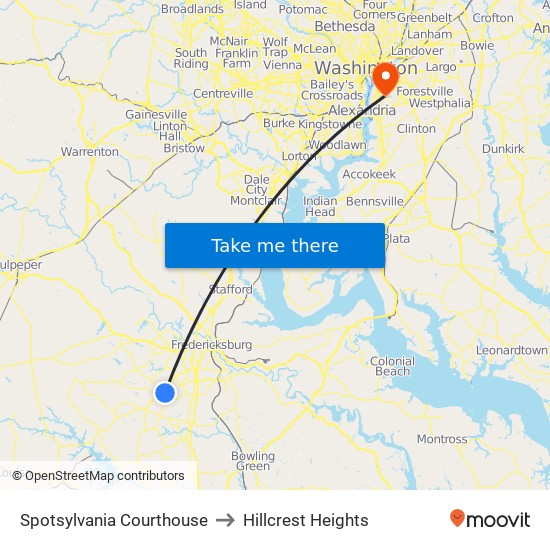 Spotsylvania Courthouse to Hillcrest Heights map