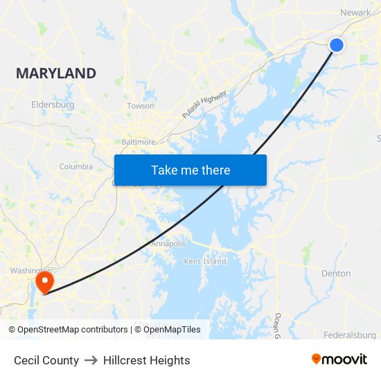 Cecil County to Hillcrest Heights map