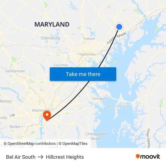 Bel Air South to Hillcrest Heights map