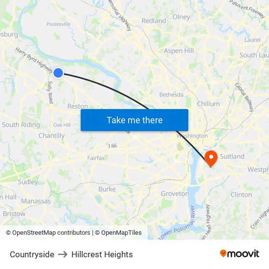 Countryside to Hillcrest Heights map