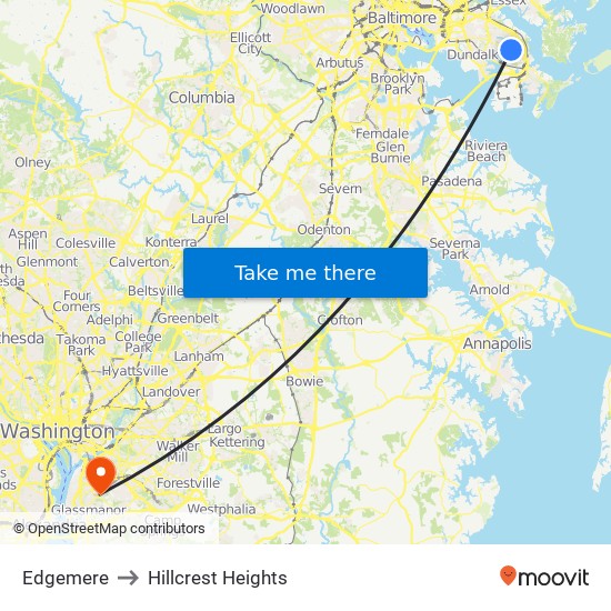 Edgemere to Hillcrest Heights map