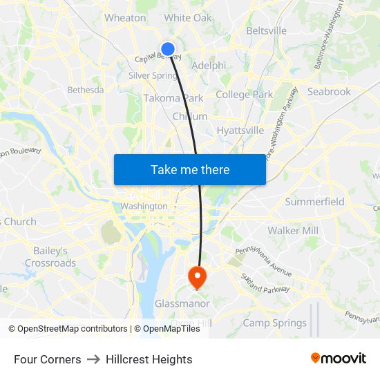 Four Corners to Hillcrest Heights map