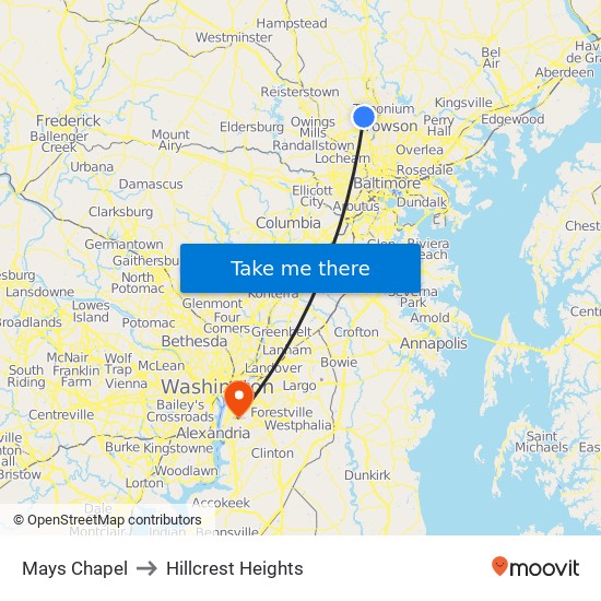 Mays Chapel to Hillcrest Heights map