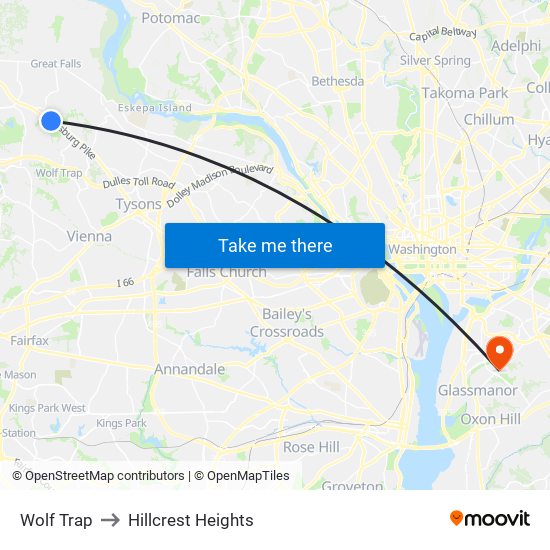 Wolf Trap to Hillcrest Heights map