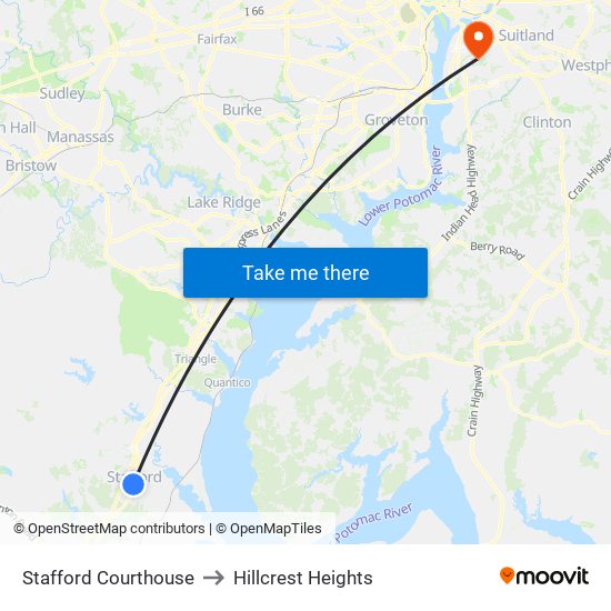 Stafford Courthouse to Hillcrest Heights map