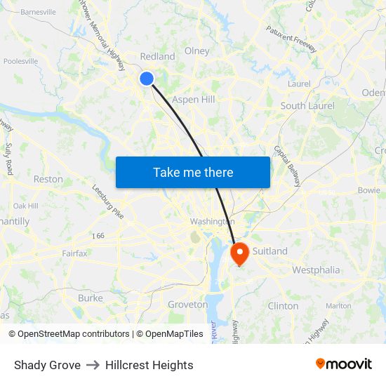 Shady Grove to Hillcrest Heights map