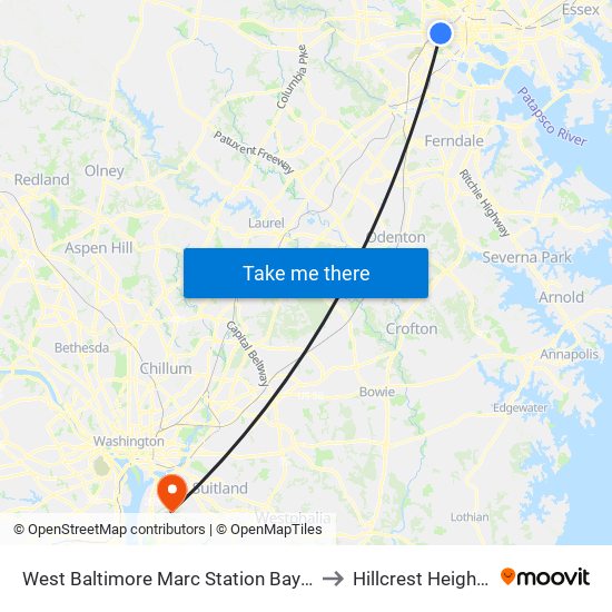 West Baltimore Marc Station Bay 1 to Hillcrest Heights map