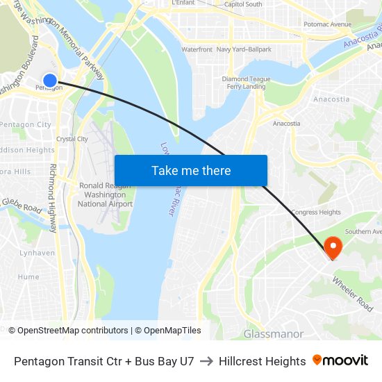 Pentagon Transit Ctr + Bus Bay U7 to Hillcrest Heights map