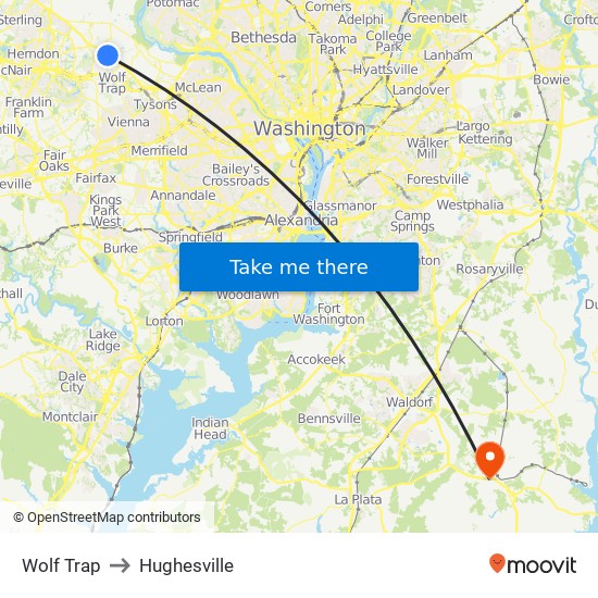 Wolf Trap to Hughesville map