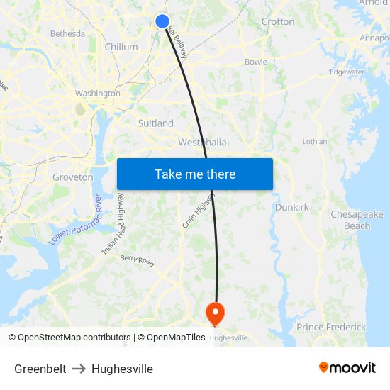 Greenbelt to Hughesville map