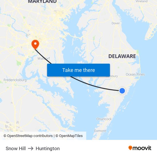 Snow Hill to Huntington map