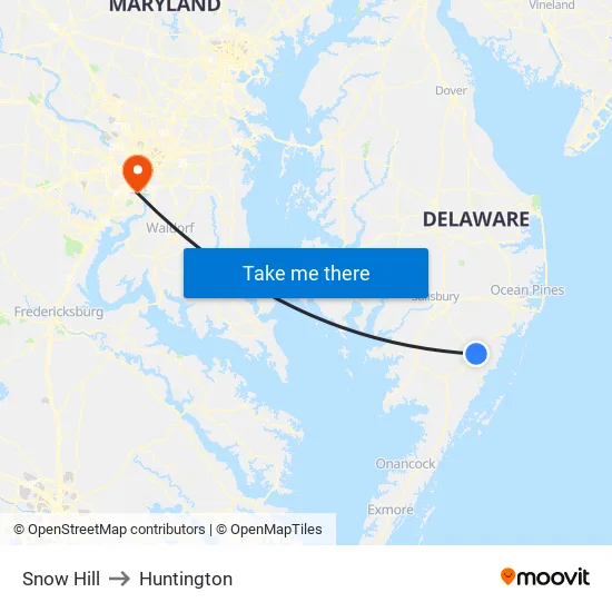 Snow Hill to Huntington map