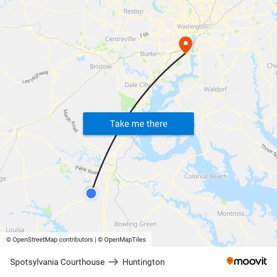 Spotsylvania Courthouse to Huntington map