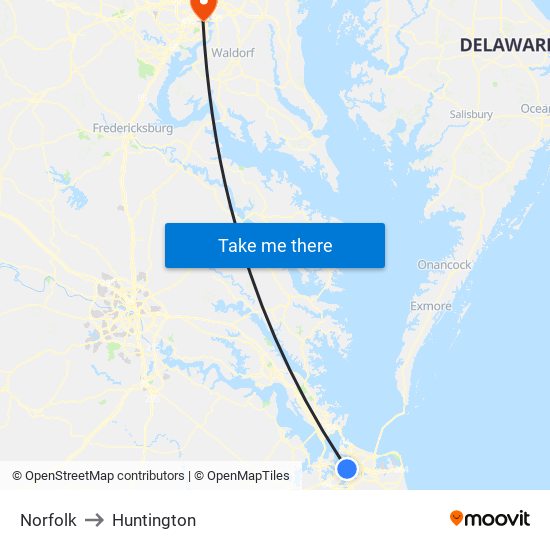 Norfolk to Huntington map