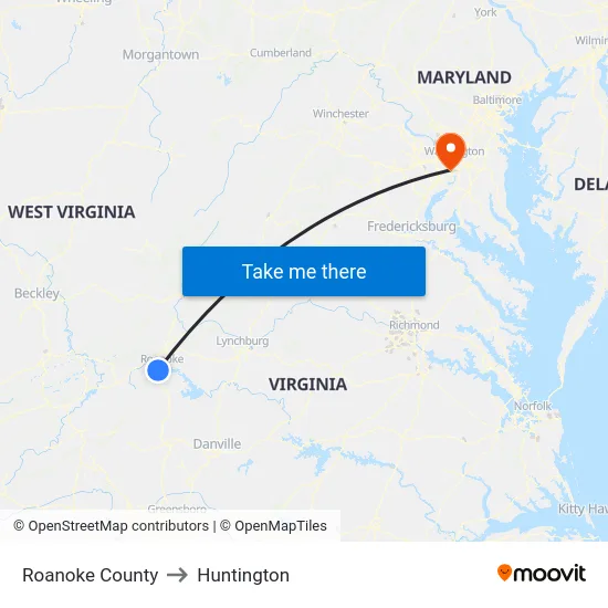 Roanoke County to Huntington map