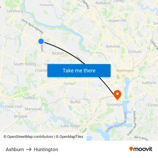 Ashburn to Huntington map
