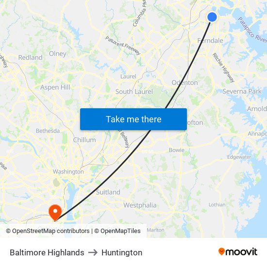 Baltimore Highlands to Huntington map