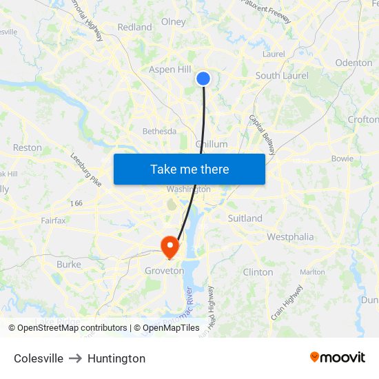 Colesville to Huntington map
