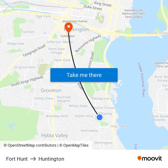 Fort Hunt to Huntington map