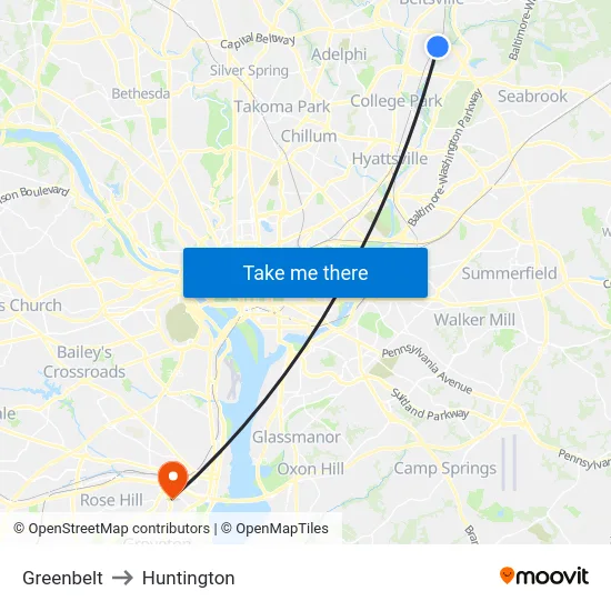 Greenbelt to Huntington map