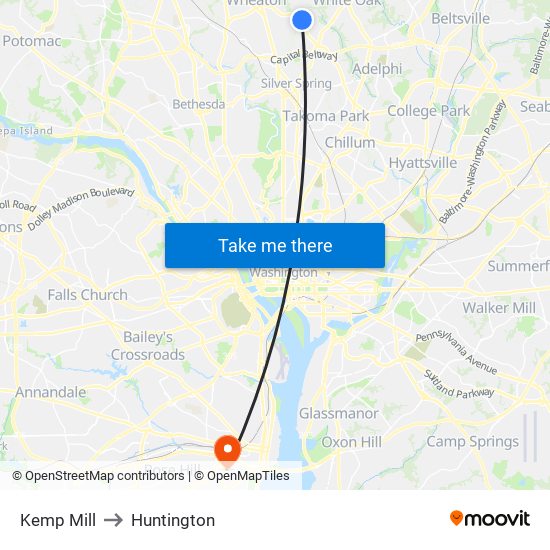 Kemp Mill to Huntington map