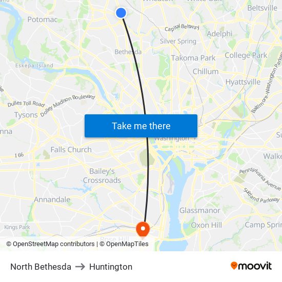 North Bethesda to Huntington map