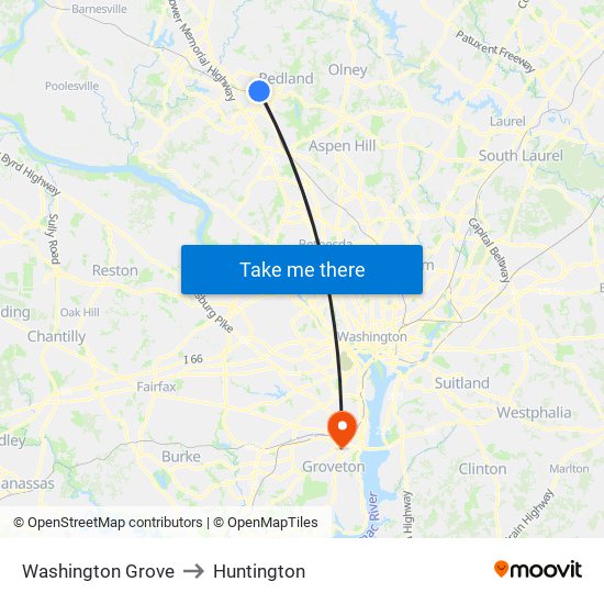 Washington Grove to Huntington map