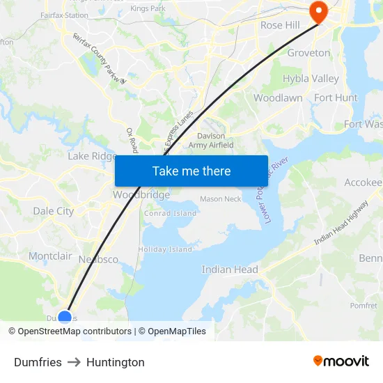 Dumfries to Huntington map