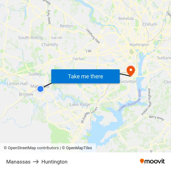 Manassas to Huntington map