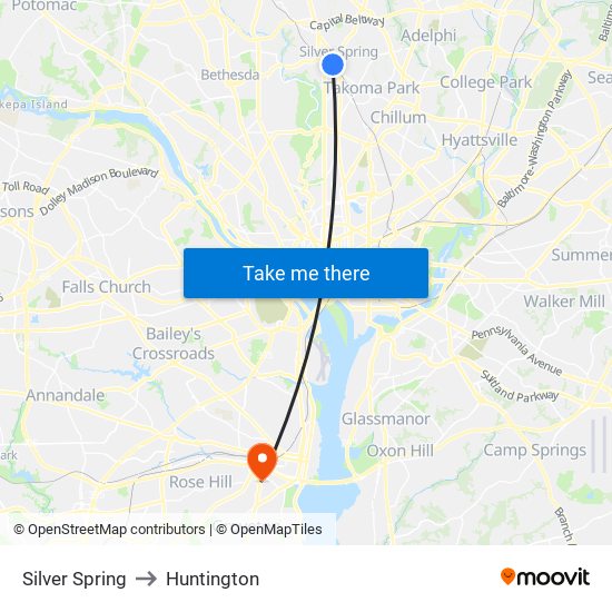 Silver Spring to Huntington map