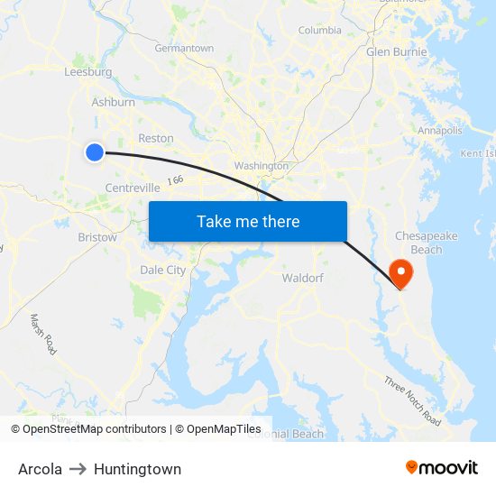 Arcola to Huntingtown map