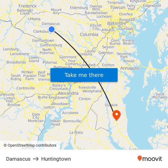 Damascus to Huntingtown map