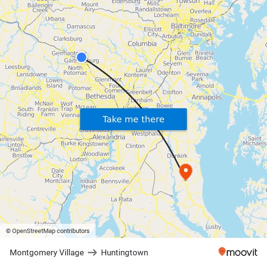 Montgomery Village to Huntingtown map