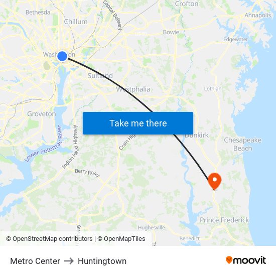 Metro Center to Huntingtown map