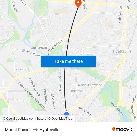 Mount Rainier to Hyattsville map