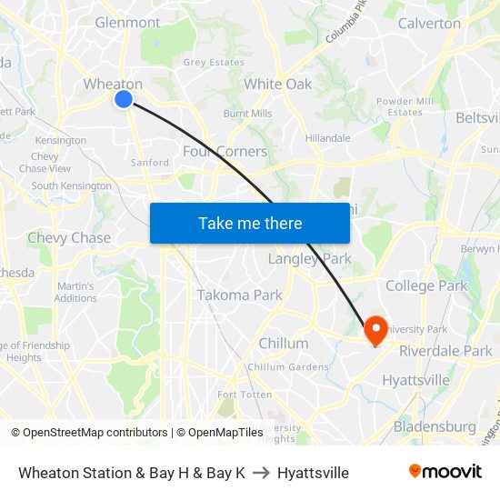 Wheaton Station  & Bay H & Bay K to Hyattsville map