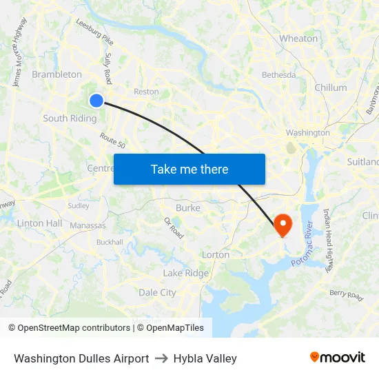 Washington Dulles Airport to Hybla Valley map