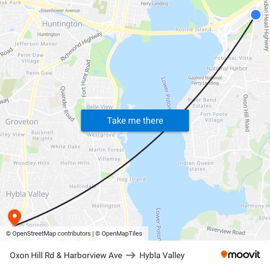 Oxon Hill Rd & Harborview Ave to Hybla Valley map