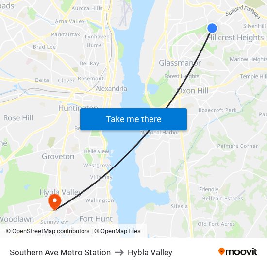 Southern Ave Metro Station to Hybla Valley map