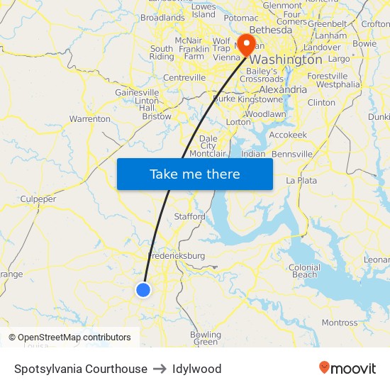 Spotsylvania Courthouse to Idylwood map