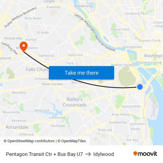 Pentagon Transit Ctr + Bus Bay U7 to Idylwood map