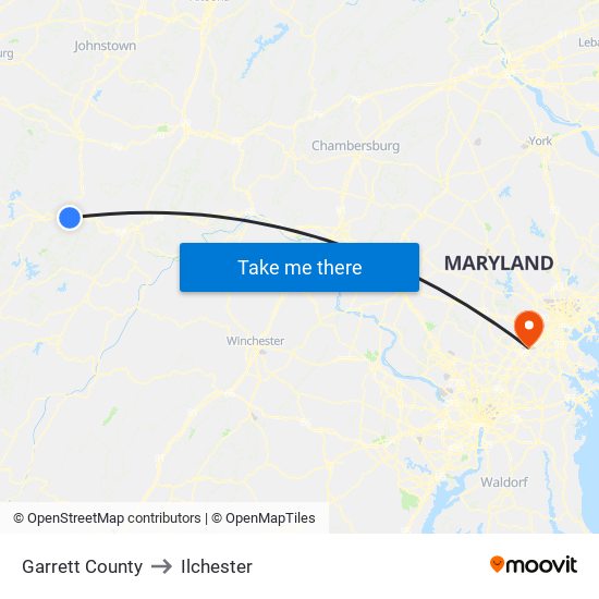 Garrett County to Ilchester map