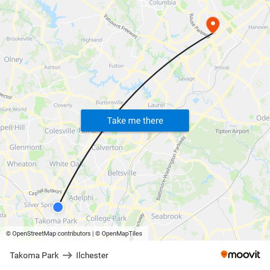 Takoma Park to Ilchester map