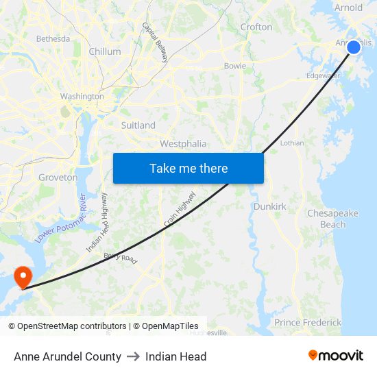 Anne Arundel County to Indian Head map