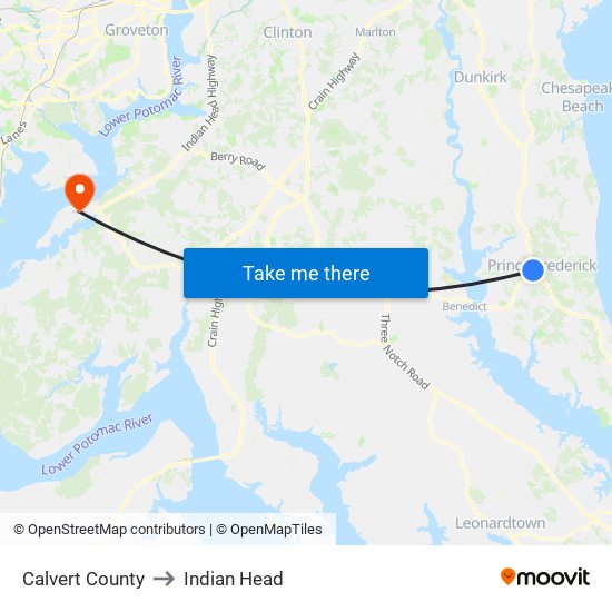 Calvert County to Indian Head map