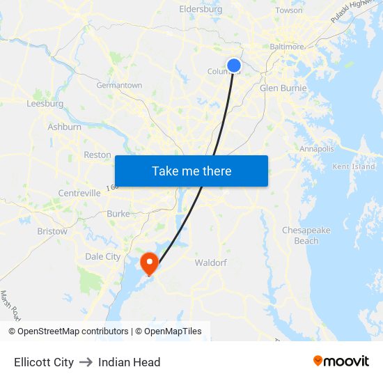 Ellicott City to Indian Head map