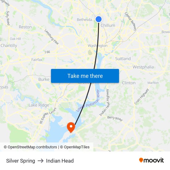 Silver Spring to Indian Head map