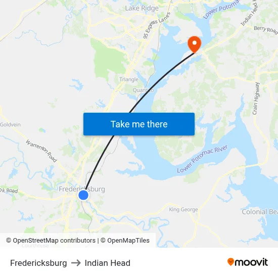 Fredericksburg to Indian Head map