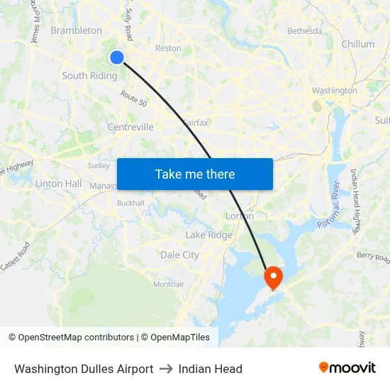 Washington Dulles Airport to Indian Head map